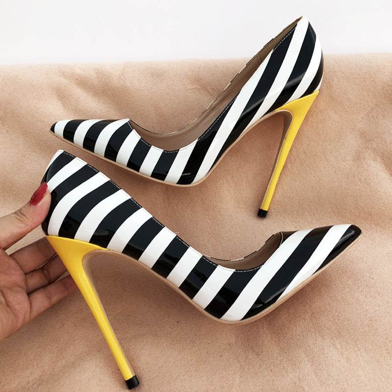 Striped patent leather point-toe pumps - Mubimart
