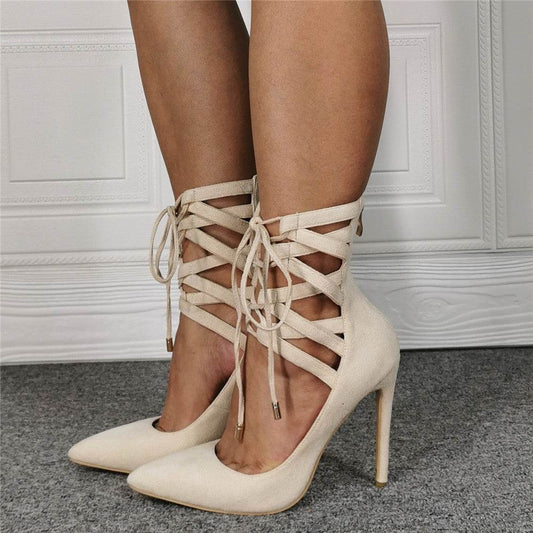 Stiletto Heel Lace-up Banquet Large Size Pointed Women's High Heels - Mubimart