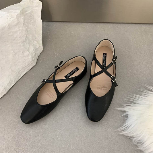 Cross Buckle Flats Women's Retro - Mubimart