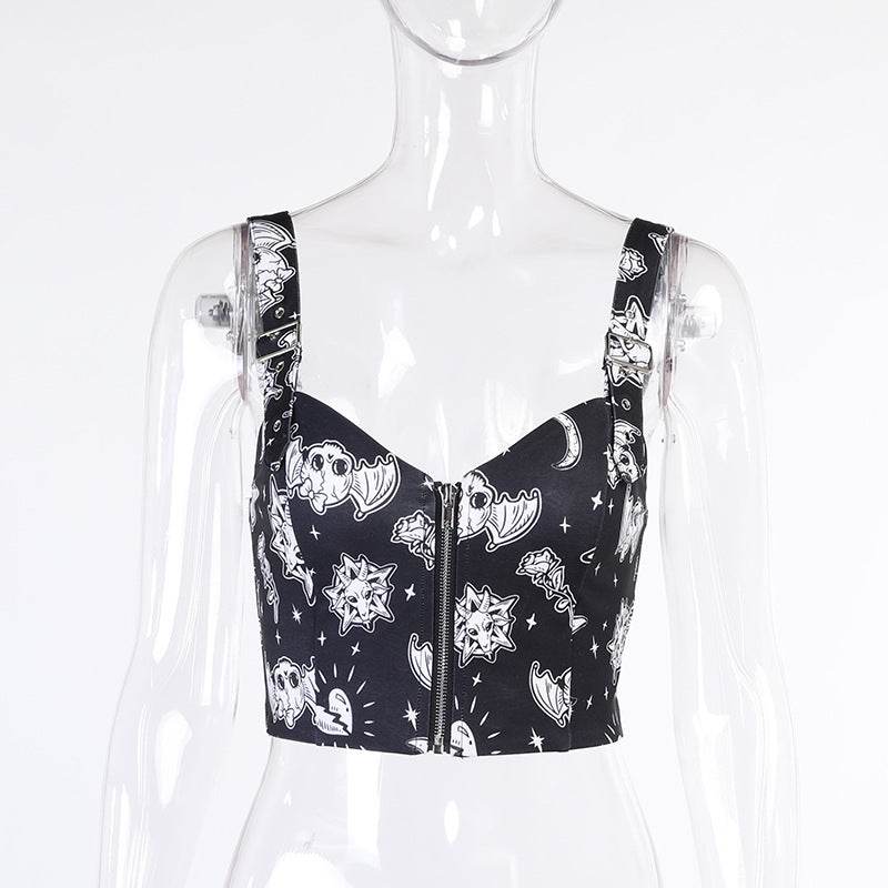 Zipper Printed Camisole Top Spring and Summer Sexy Camisole - Mubimart