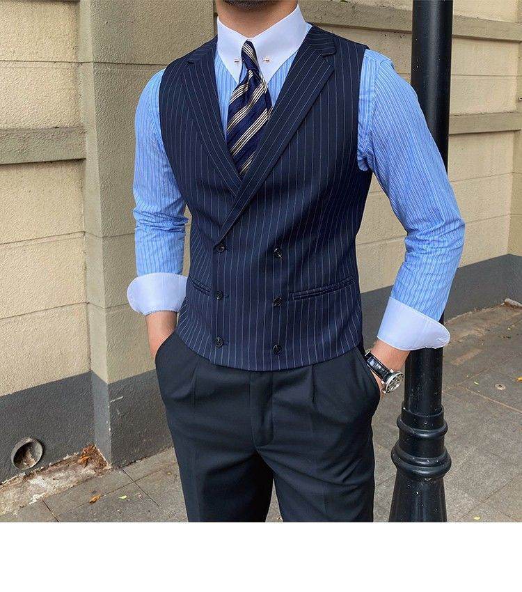 Men's Striped Suit Vest Italian Style Neapolitan Double Breasted Lapel Vest - Mubimart