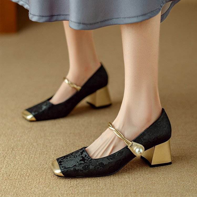 Chinese Style French Entry Lux Embossed Silk Kitten Heels Matching Square Head With Thick - Mubimart
