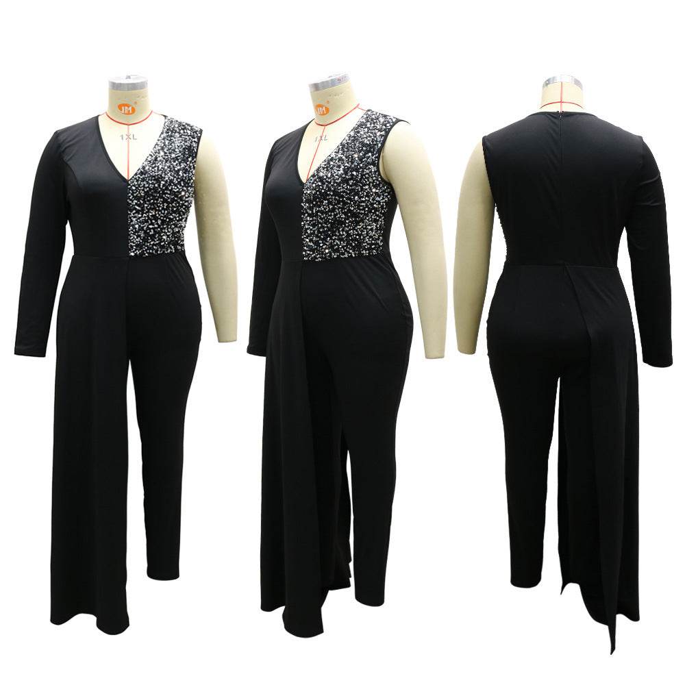 V-neck Sequin Covered Hip Plus Size Jumpsuit - Mubimart