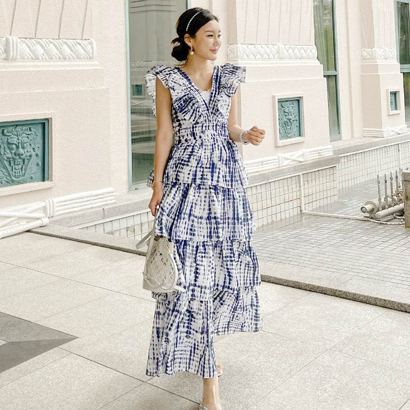 Summer Socialite Elegant V-neck High Waist Heavy Work Tie-dyed Waist Slim Mid-length Cake Dress - Mubimart