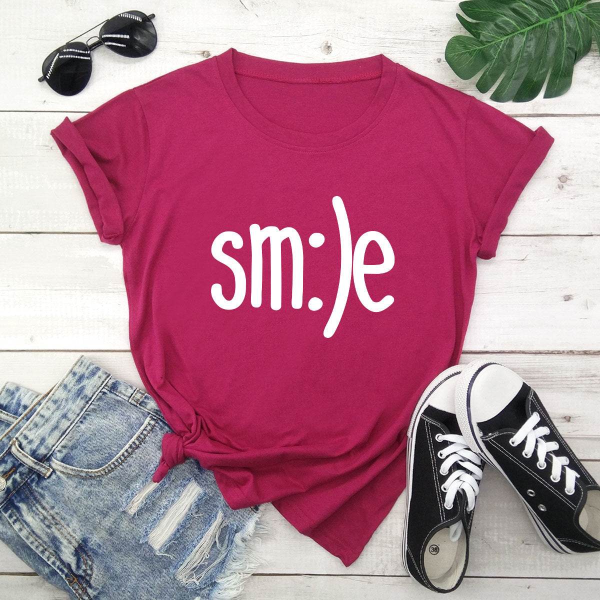 S-5XL Plus Size TShirt Women New Smile Letter Printed Shirt O Neck Short Sleeve Tees Summer Top 100%cotton Women's T-shirts - Mubimart