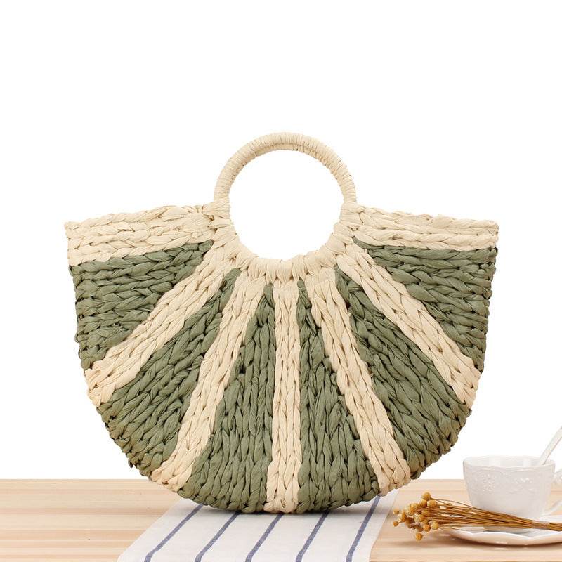 Round Straw Bags Women Summer Rattan Bag Handmade Woven Beach Cross Body Bag - Mubimart