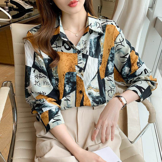 Printed Long-sleeved Shirt Women Loose Design Blouse - Mubimart