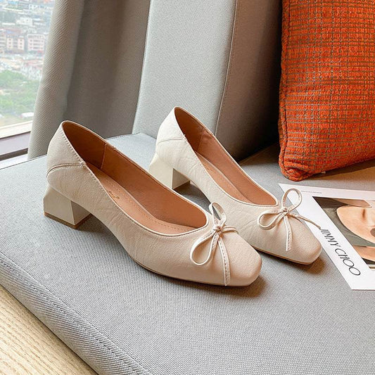 Women's Thick Heel Pumps Soft Leather Shoes - Mubimart