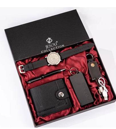 Mens Boutique Gift Set Wallet Power Bank Keychain Large Dial Quartz Watch - Mubimart