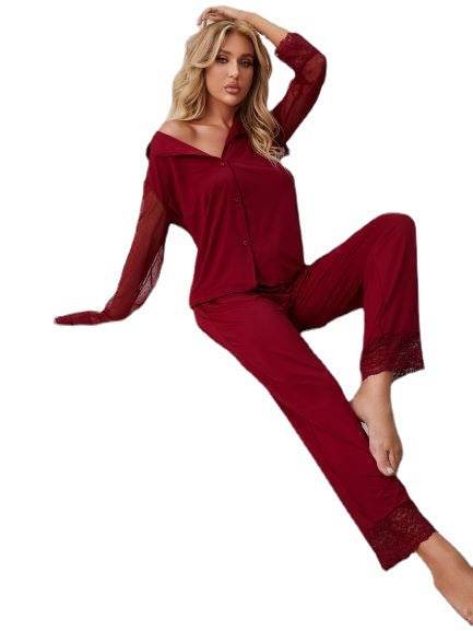 Women's Solid Color Net Gauze Long-sleeved Top And Trousers Pajama Set - Mubimart