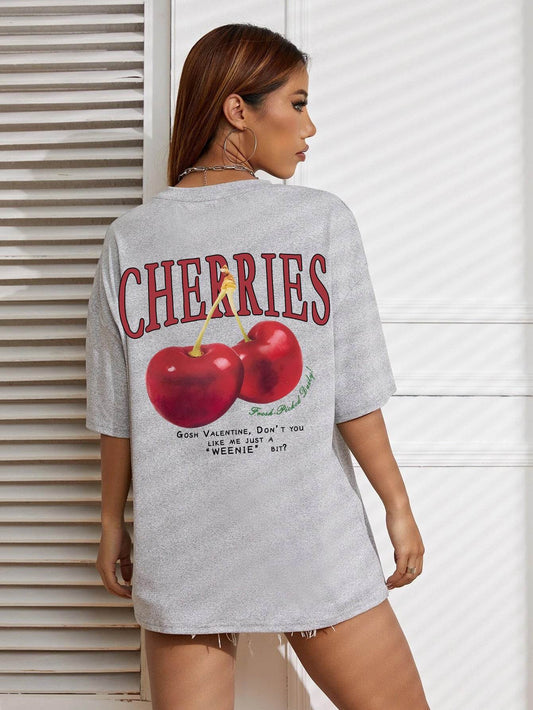 Cotton Women T-shirt Red Cherries Printed Tees Summer - Mubimart