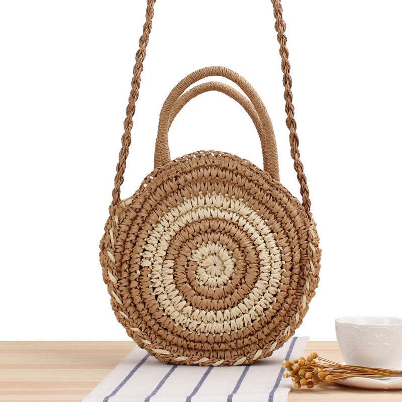 Round Straw Bags Women Summer Rattan Bag Handmade Woven Beach Cross Body Bag - Mubimart
