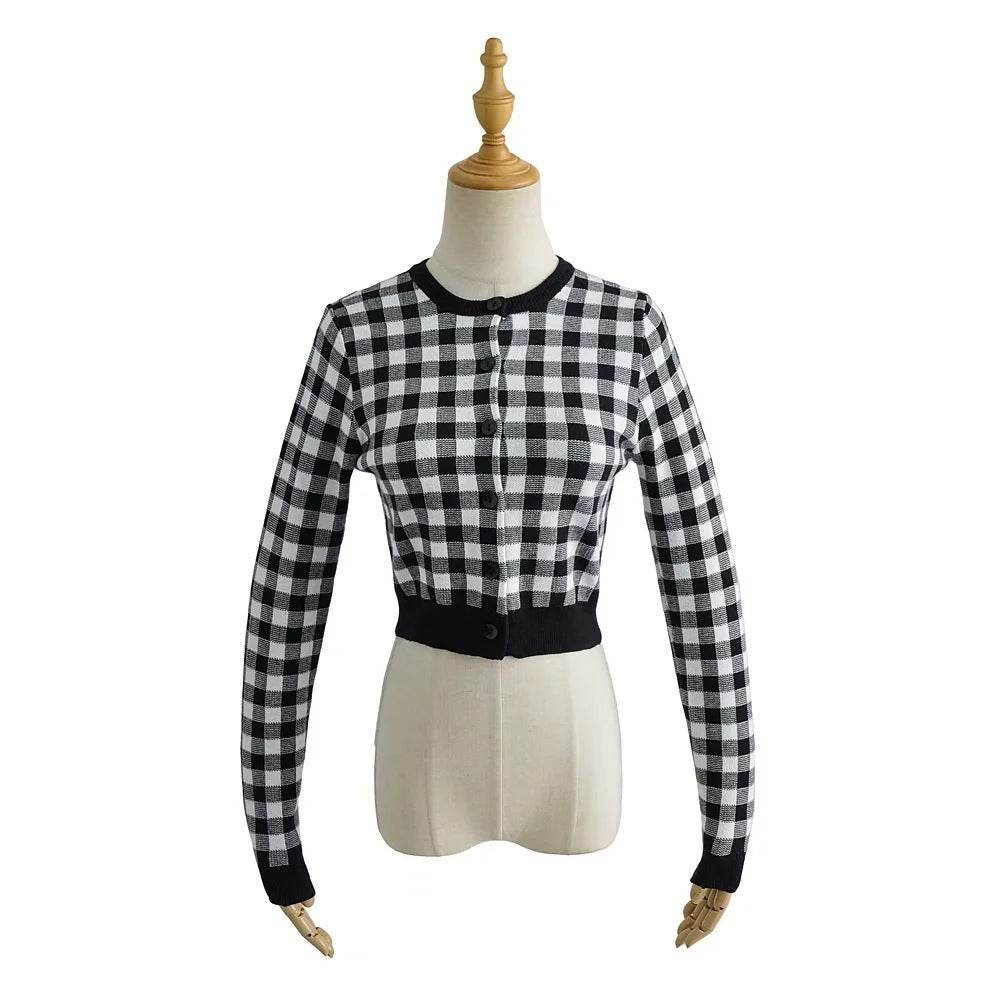 Women Crew Neck Plaid Knit Cardigan Crop Top - Mubimart