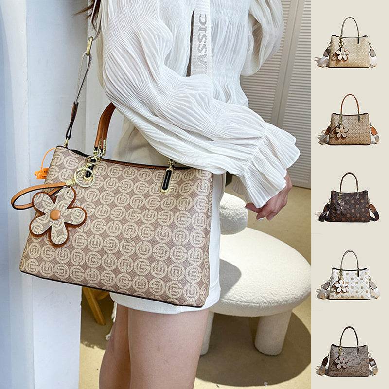 Printed Tote Bag With Flower Pendant New Temperament Shoulder Bag For Women Fashion Large-capacity Crossbody Bag - Mubimart