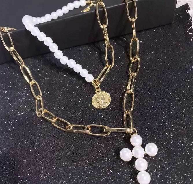 Luxury Design Imitation Pearls Choker Necklace Female Cross Pendant Necklaces for Women Gold Color Fashion Coin Jewelry - Mubimart