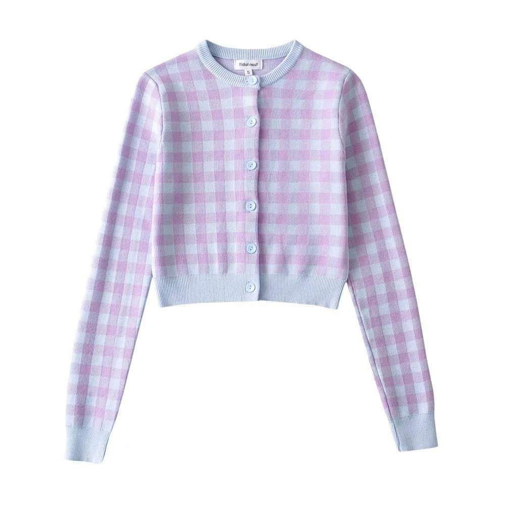 Women Crew Neck Plaid Knit Cardigan Crop Top - Mubimart