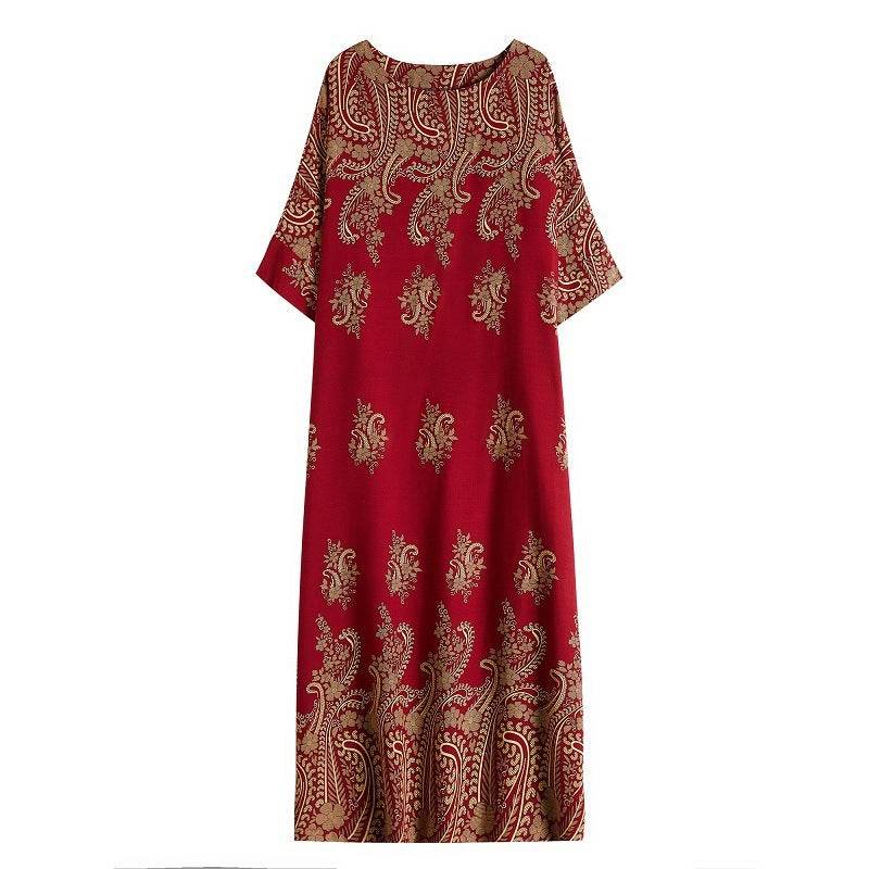 Spring Ethnic Style Plus Size Women's Cotton Silk Robe Loose Dress - Mubimart
