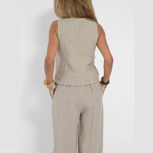Summer Vest Suits V-neck Botton Sleeveless Top And Loose Straight Trousers Casual Womens Clothing - Mubimart