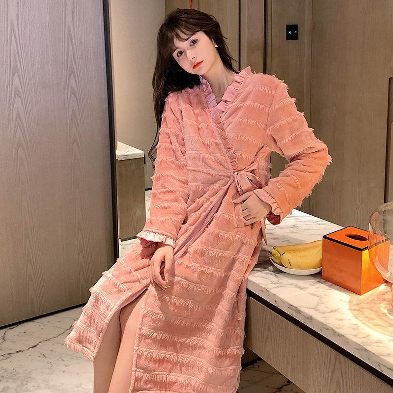 Winter Nightgown Women Coral Fleece Plus Velvet Thick Bathrobe Cute - Mubimart