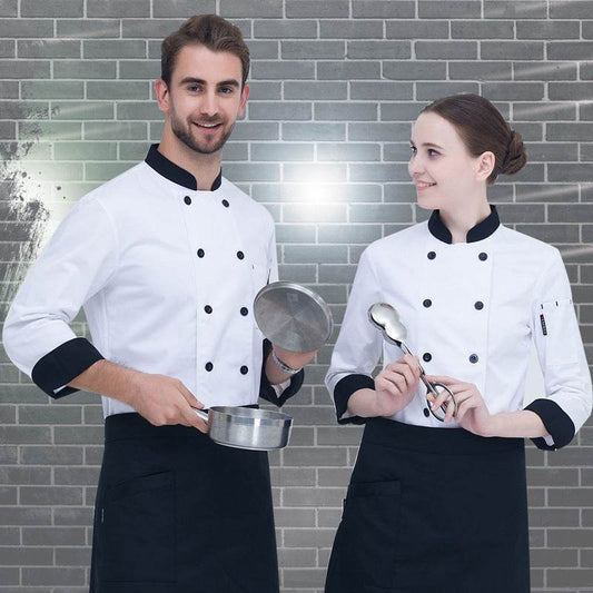 Pure White Double Breasted Chef's Work Clothes Long Sleeved Clothes - Mubimart
