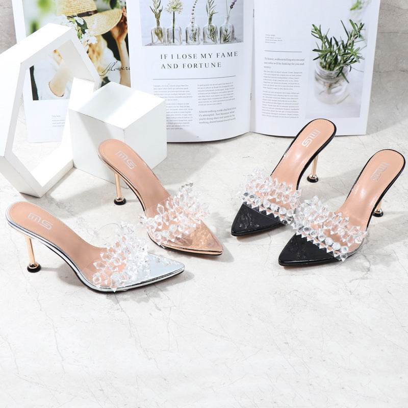 Summer Pointed High Heels Solid Color High Heels Rhinestone Sandals - Mubimart