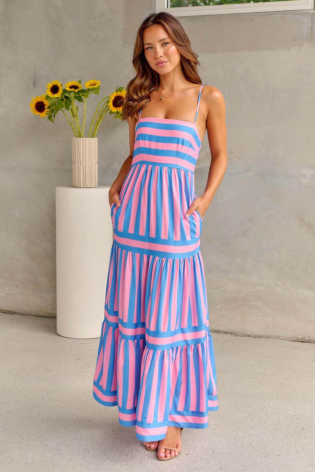 Summer Striped Printed Suspender Long Dress With Pockets Fashion Square Neck Backless Dresses For Beach Vacation Women Clothing - Mubimart
