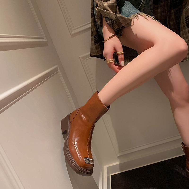 Women's Square Toe Vintage Chunky Heel Boots - Mubimart