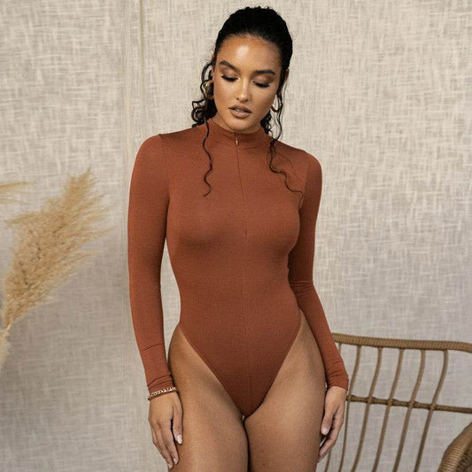 Zipper Long-sleeved Slim Slimming Bottoming Bodysuit Women - Mubimart