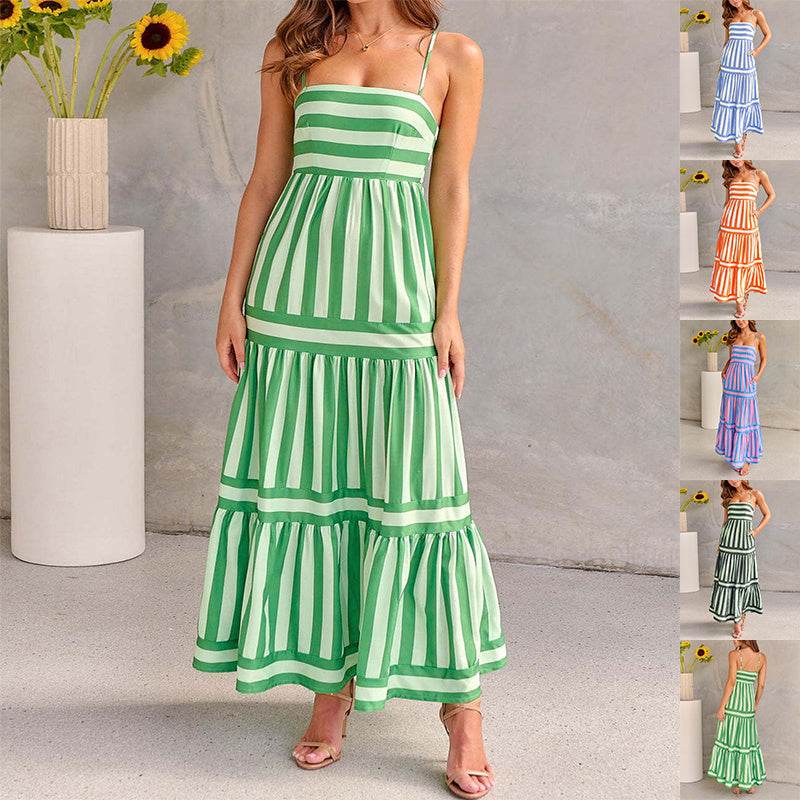 Summer Striped Printed Suspender Long Dress With Pockets Fashion Square Neck Backless Dresses For Beach Vacation Women Clothing - Mubimart