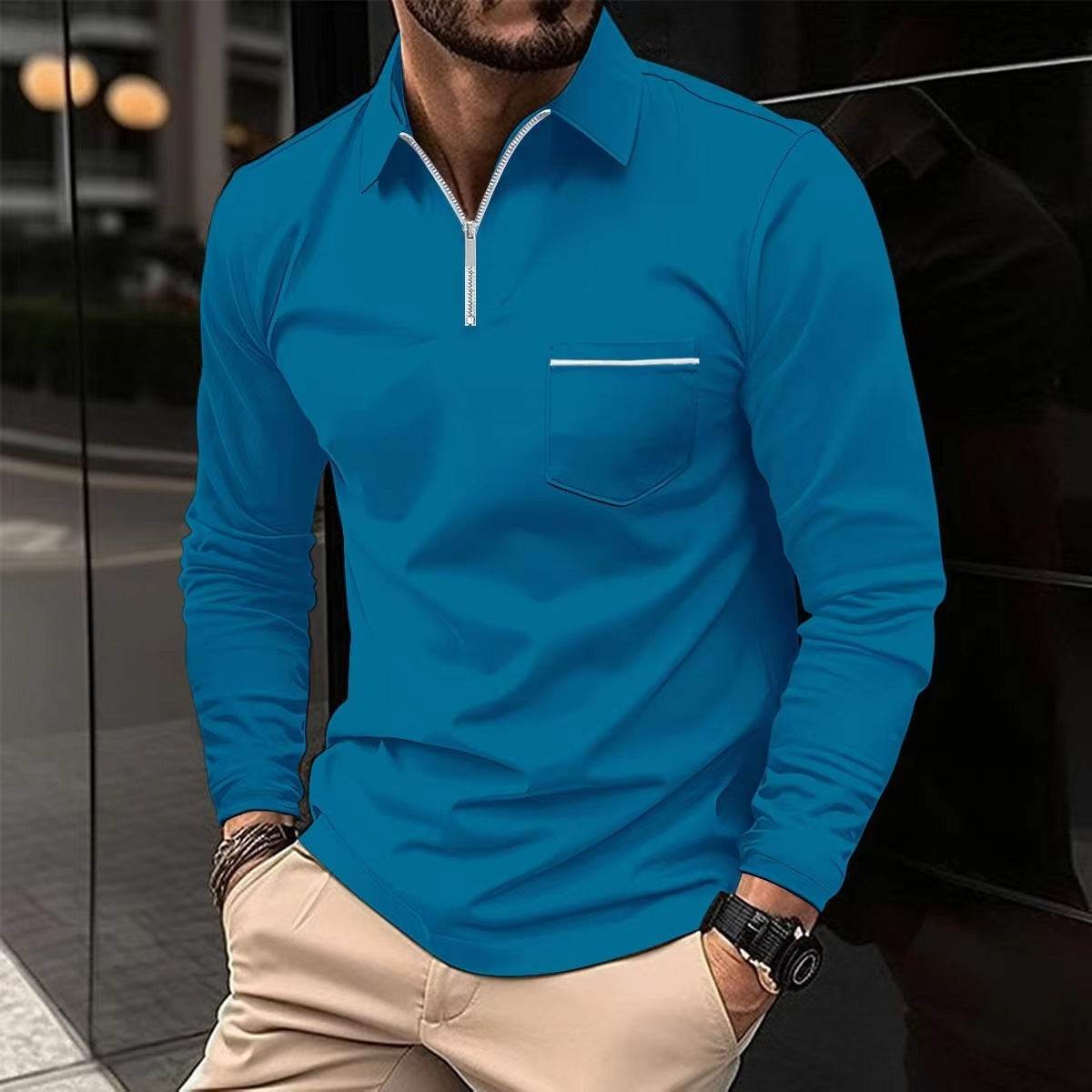 Autumn Polo Shirt Zipper Men's Long Sleeve Polo Shirt - Mubimart
