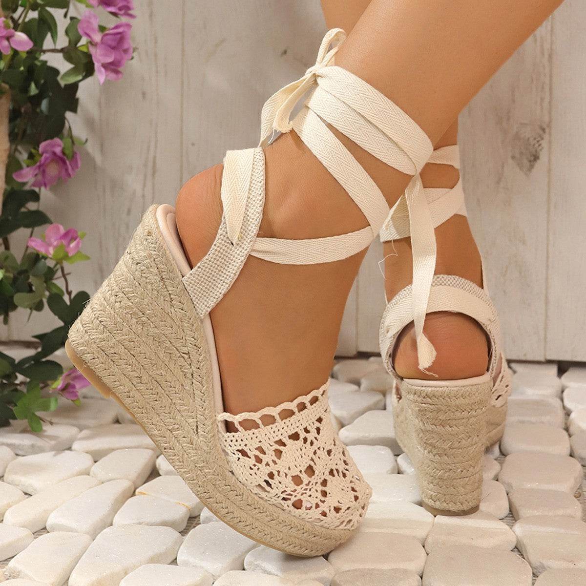 Women's Straw Woven Wedge High Heels Lace Lace-up Sandals - Mubimart