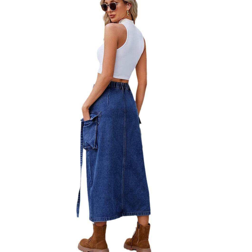 Washed Elastic Waist Ribbon Workwear Skirt - Mubimart
