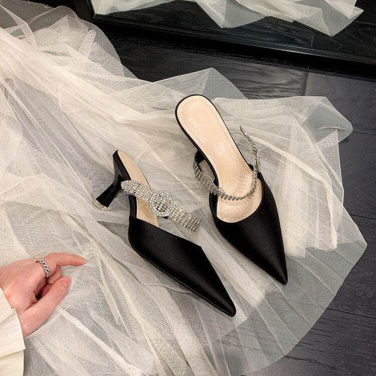 Korean Style Pointed Toe Stiletto Rhinestone Buckle Mules - Mubimart
