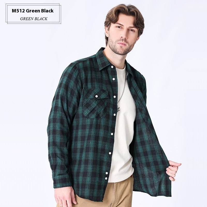 Vintage Flannel Men's Long Sleeve Brushed Plaid Shirt Coat - Mubimart