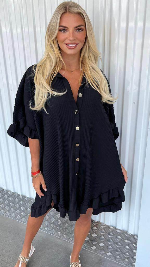 Summer Solid Color Shirt Dress Ruffle Sleeve Irregular Shirt Dress - Mubimart