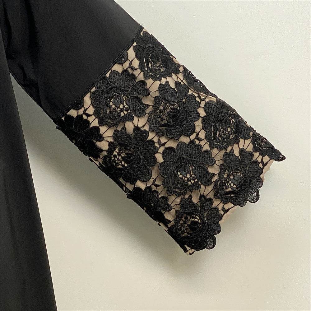 Lace Cuffs Patchwork Long Sleeve Loose Plus Size Lace Up Cardigan Robe - Mubimart