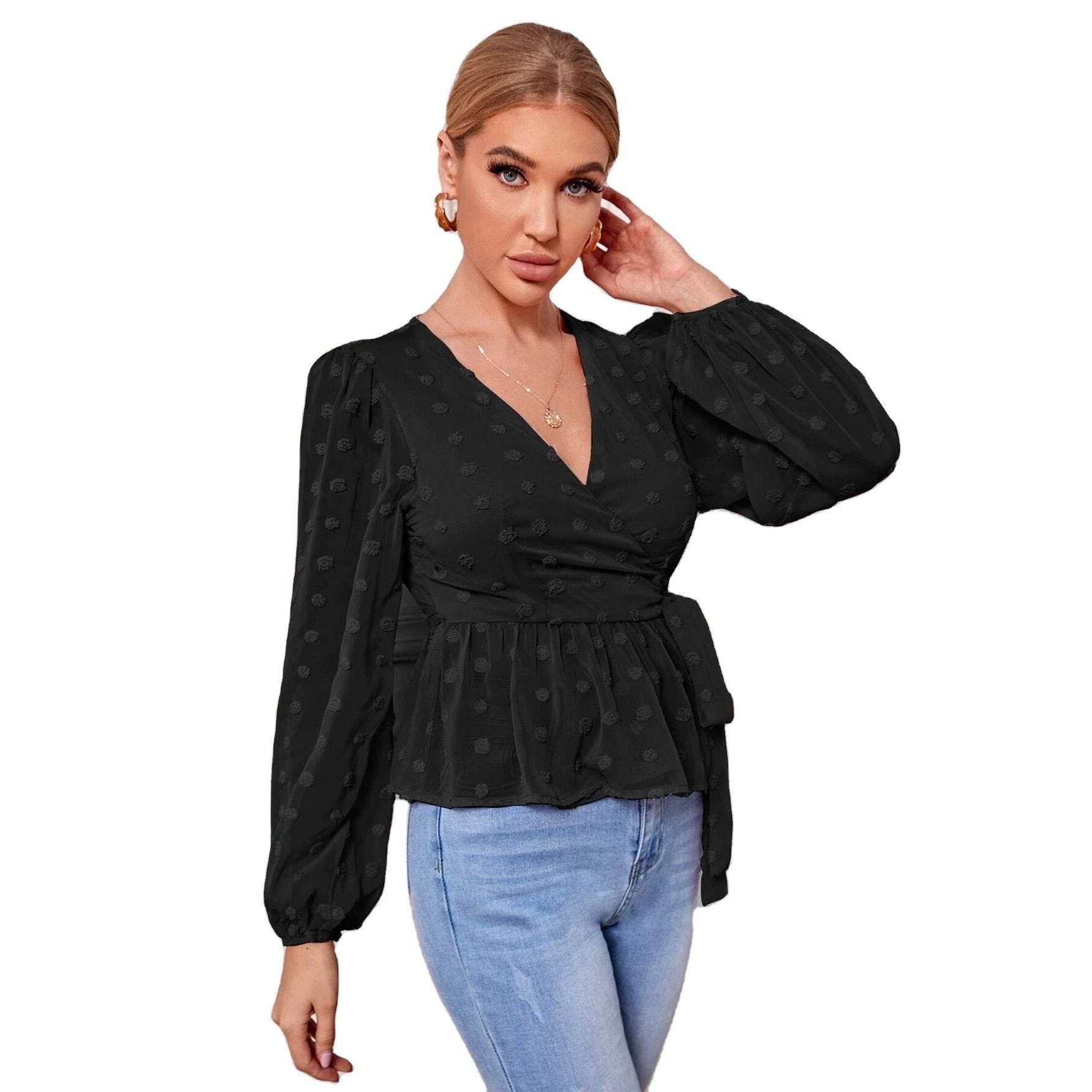 V-neck Slim-fit Light Mature Blouse Women - Mubimart