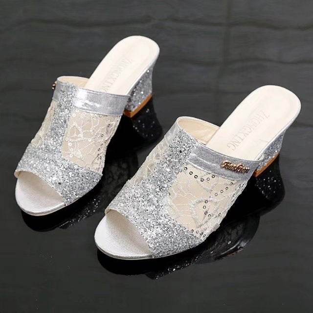 Mules Heeled Sandals Mules Sparkly Sequin Chunky Heel Peep-toe Lace Shoes Daily Party - Mubimart