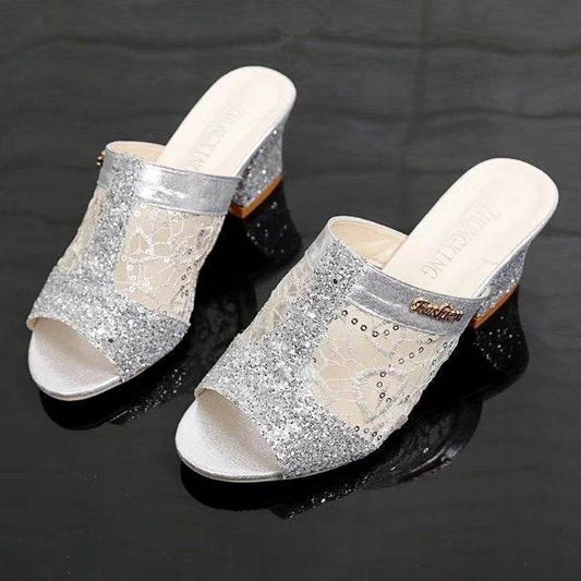 Mules Heeled Sandals Mules Sparkly Sequin Chunky Heel Peep-toe Lace Shoes Daily Party - Mubimart