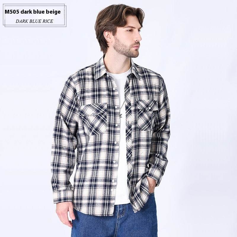 Vintage Flannel Men's Long Sleeve Brushed Plaid Shirt Coat - Mubimart