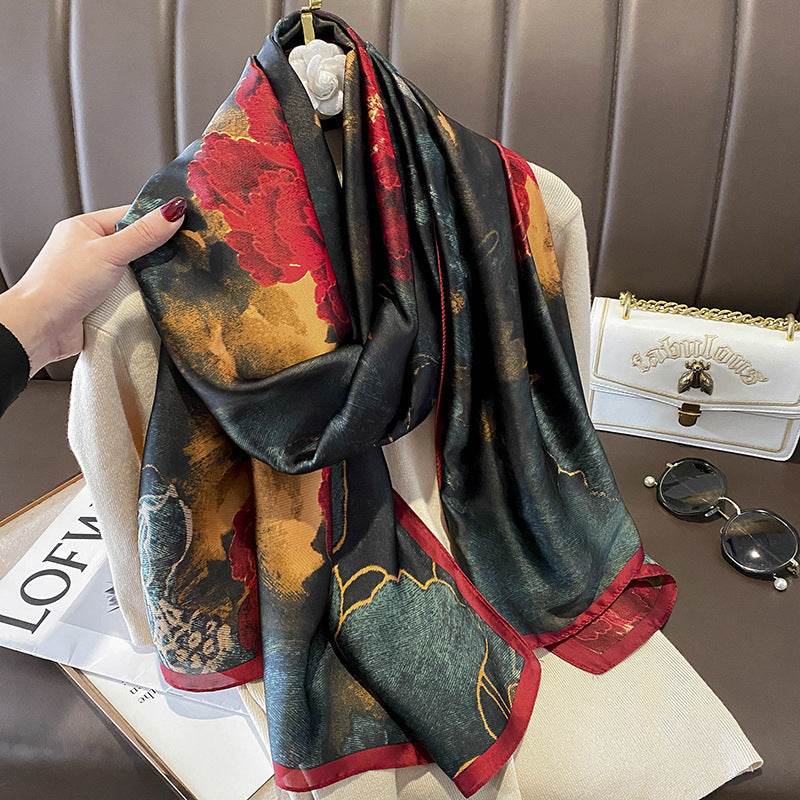 Flower Lightweight Sunscreen Imitated Silk Scarves - Mubimart