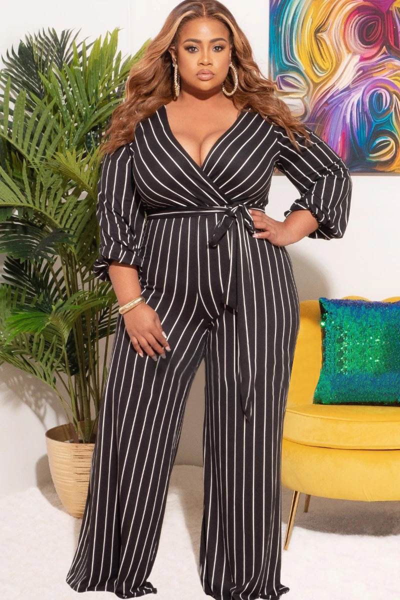 Women's Placement Print Striped Plus Size V-Neck Jumpsuit - Mubimart