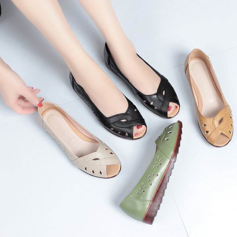 Peep Toe Sandals Women's Flat Bottom Comfort Leather Soft Bottom - Mubimart