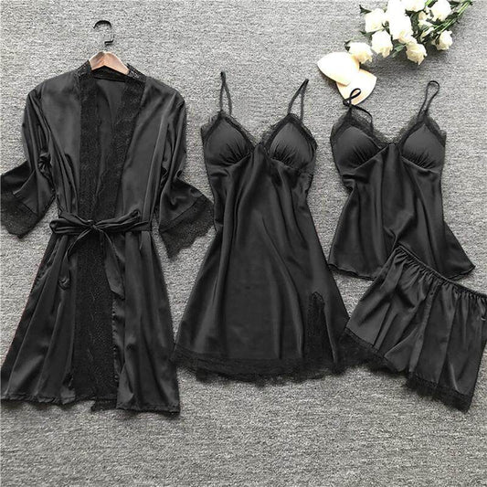 Silk pajama four piece set - Mubimart