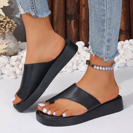 Thick-soled Clip Toe Flat Slippers Outdoor Summer Casual Solid Color Slides Shoes For Women - Mubimart