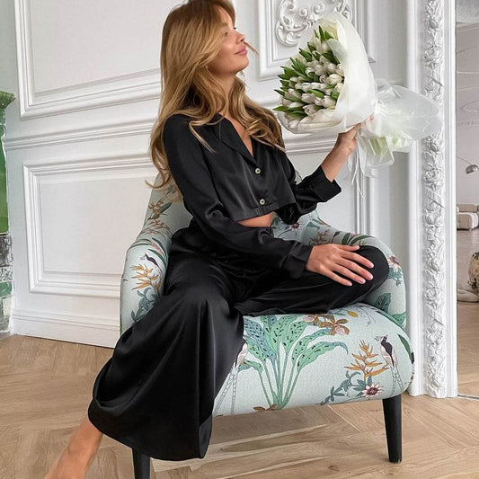 Fashion Short Top Two-piece Set Baggy Pajama Pants Ice Silk Ladies' Homewear - Mubimart