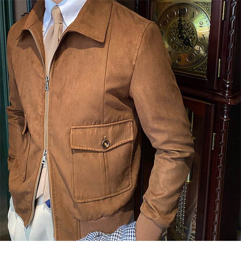 Suede Coffee Bomber Jacket For Man - Mubimart