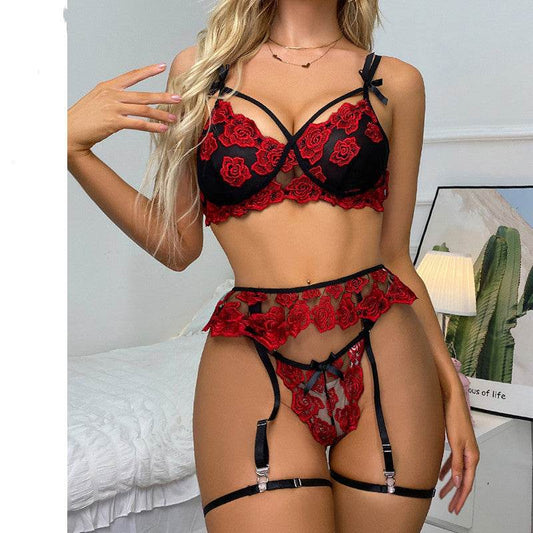 Lingerie Ladies Lace Embroidery Lingerie Set Garter Thong - Mubimart