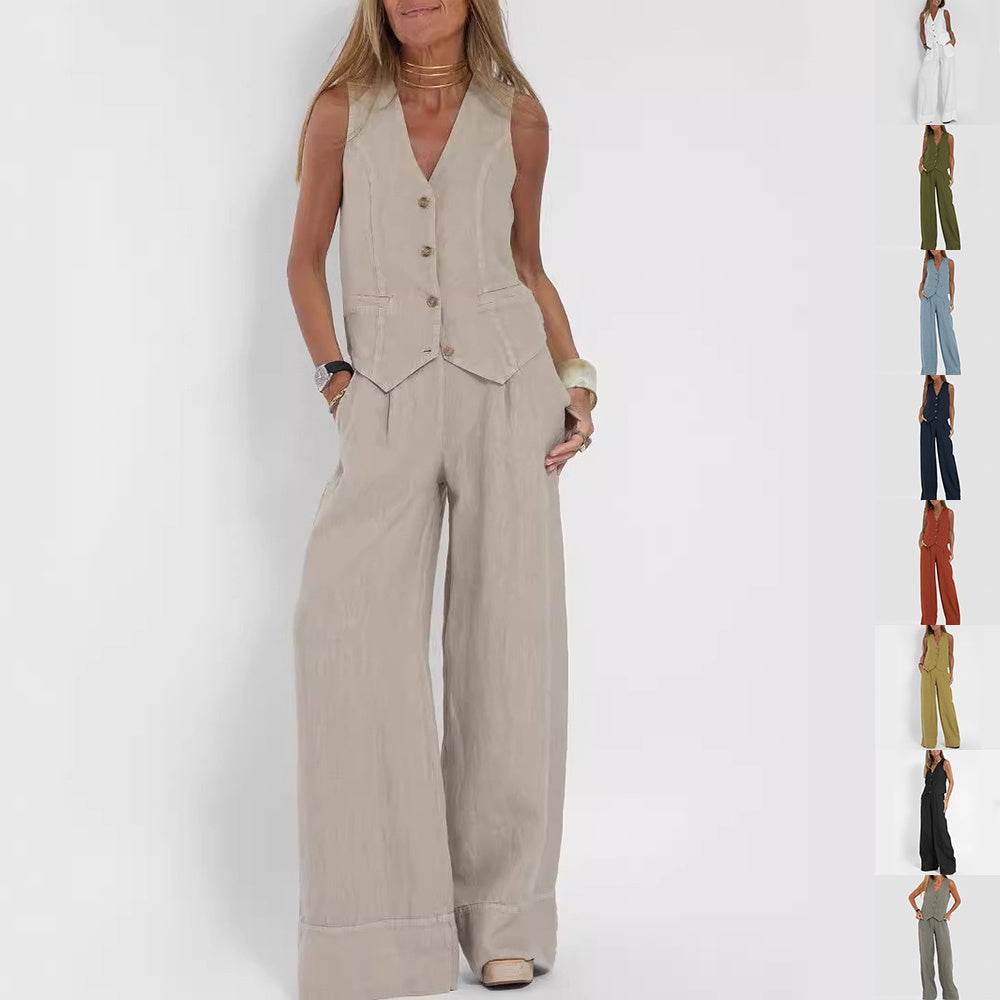 Summer Vest Suits V-neck Botton Sleeveless Top And Loose Straight Trousers Casual Womens Clothing - Mubimart
