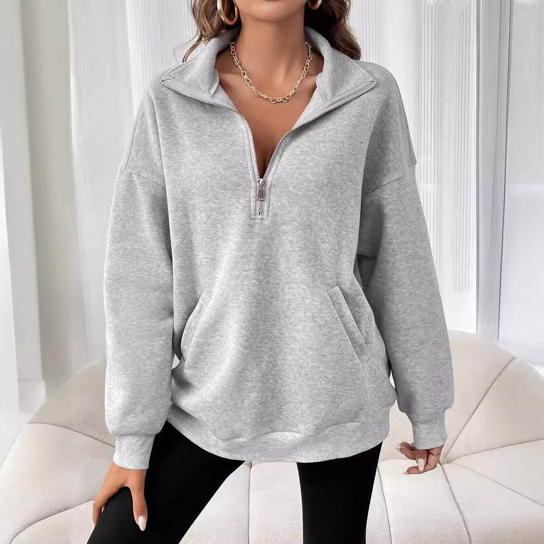 Polo Collar Solid Color Casual Women's Hoodie - Mubimart